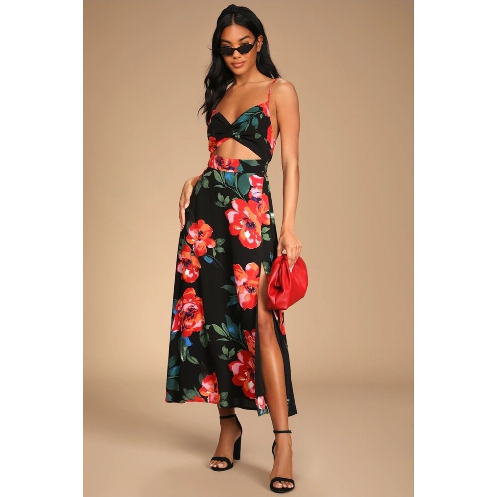 Lulus Dress Womens XS Black Floral Print Tropical Blooms Tie Back Cutout Maxi